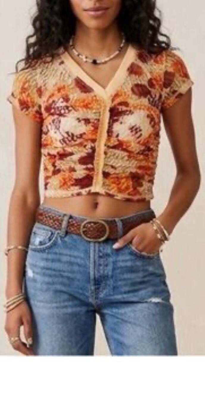 Free People Solana Sheer Ruched Lace V-Neck Crop Top Size Small Boho Festival